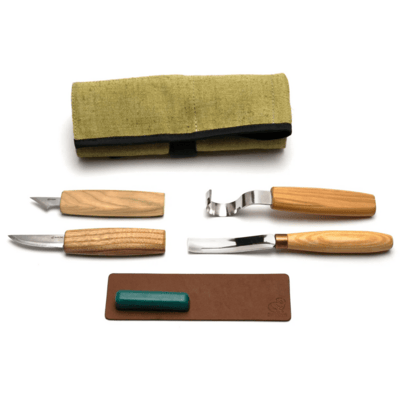 S49 Beavercraft Spoon Carving with compact chisel Set (4 tools in roll + accessories)