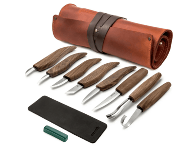 S18X Beavercraft Extended Wood Carving Set (8 tools with Walnut Handles) in Genuine Leather Roll