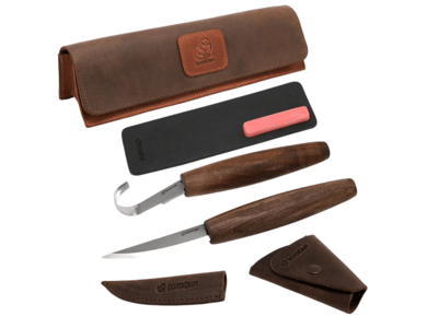 S01X Brown Beavercraft Spoon Carving Tool Set (C4X + SK5RX + honing acc) in Genuine Leather Case
