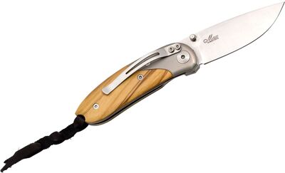8200 UL LionSteel MINI Olive wood handle and titanium Bolster, D2 blade, with clip