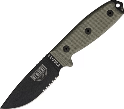 ESEE-3MIL-SB ESEE 3 univerzální nůž 9,8 cm, černá, zelená, Micarta, plastové pouzdro