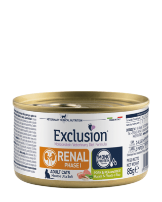 EXCLUSION CREP185 RENAL PHASE 1 konzerva pro kočky 85g, vepřové/hrách/rýže