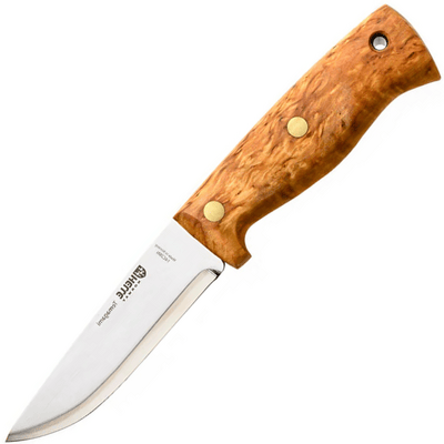 Helle HE-201300 Temagami 14C28N bushcraft kés 11 cm, göndör nyírfa, bőr tok