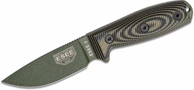 ESEE 3PMOD-003 MODEL 3 taktikai kültéri kés 8,8 cm, fekete-zöld, G10, Kydex hüvely