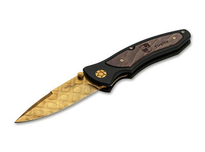 Böker Manufaktur Solingen 110194DAM Tirpitz-Damascus Gold sběratelský nůž 9,9cm, zlatý, ořech