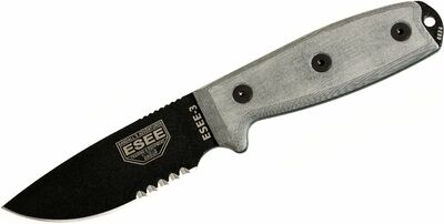 ESEE-3SM Serrated univerzální nůž 9,8 cm, černá, šedá, připínací plastové pouzdro Coyote Brown