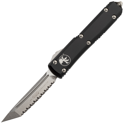 Microtech 123-12 Ultratech Black Full fogazott automata kés 8,8 cm, Stonewash, fekete, alumínium