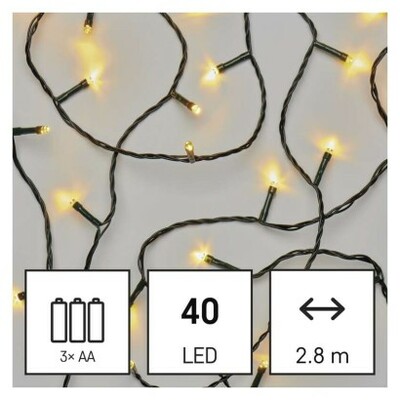 D4FW01 Emos Lighting LED vianočná reťaz, 2,8 m, 3x AA, vonkajšia aj vnútorná, teplá biela, časovač