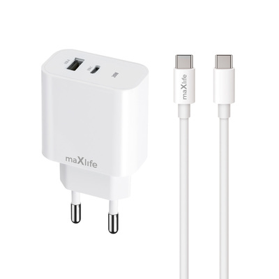 OEM0101312 Maxlife MXTC-06-20AC PD QC töltő 1x USB-C 1x USB 20W fehér + USB-C - USB-C kábel 20W