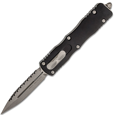 Microtech 227-12 Dirac Delta fogazott Standard automata kés 9,6 cm, Stonewash, fekete, alumínium