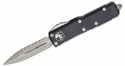 Microtech 232-12 UTX-85 Fogazott automata kés 7,6 cm, Stonewash, fekete, alumínium 