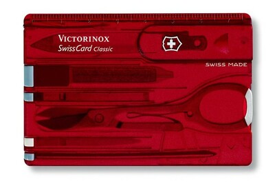 Victorinox 0.7100.TB1 SwissCard Ruby kapesní nůž, červená transparentní, 10 funkcí, blistr