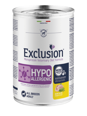 EXCLUSION QM37 ALL BREEDS hypoalergenní konzerva 400g, křepelka/hrášek