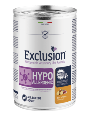 EXCLUSION DM37 ALL BREEDS hypoalergenní konzerva 400g, kachna/brambory