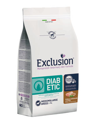 EXCLUSION DIPM02 DIABETIC MEDIUM/LARGE BREEDS veterinární krmivo 2kg, vepřové/cirok/hrách