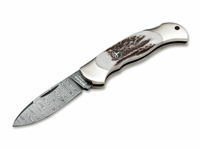 Böker 111910DAM Junior Scout Spearpoint Stag kapesní nůž 7 cm, damašek, paroh