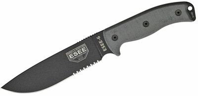 ESEE-6S-OD Serrated univerzálny nôž 16,5cm, čierna, šedá, Micarta, plastové zelené puzdro, pripnutie