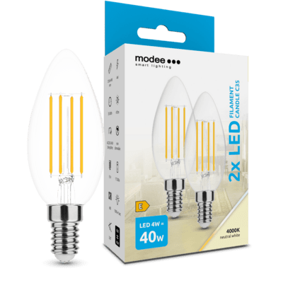 Modee LED Filament žiarovka Candle C35 4W E14, neutrálna biela, 2ks