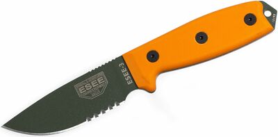 ESEE-3S-OD Fogazott univerzális kés 9,8 cm, zöld, narancs, G10, csíptetős műanyag ház fekete