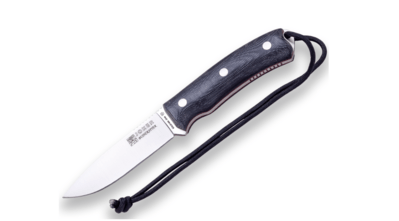 JOKER CM120-P Bushcrafter vnější nůž 10,5 cm, černá, Micarta, kožené pouzdro, křesadlo, šňůrka