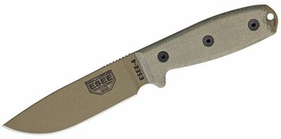 ESEE-4P-MB-DE univerzálny nôž 11,4 cm, tmavohnedá, Micarta, pripínacie čierne plastové puzdro MOLLE