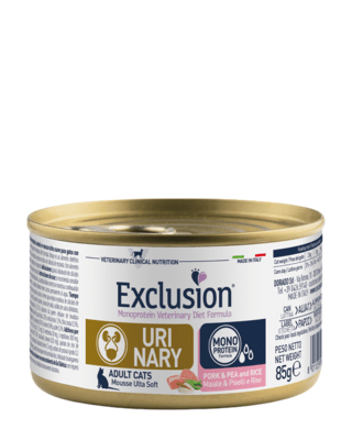 EXCLUSION CURP85 URINARY CAT konzerv macskáknak 85g, sertés/borsó/rizs