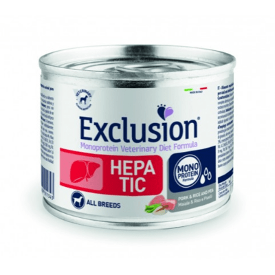 EXCLUSION HE20 HEPATIC ALL BREEDS konzerva 200g, vepřové/rýže/hrách