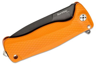 SR22A OB LionSteel SR FLIPPER ORANGE Aluminum knife, RotoBlock, Chemical Black blade Sleipner