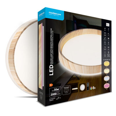 Modee kerek LED mennyezeti lámpa CLG1W 30W 3CCT+RGB 2000lm, fa, vezérlővel (ML-CLFG1W)