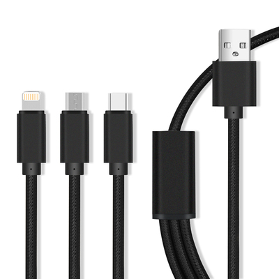 MaxLife Nylonový kabel 3v1 Micro USB / Type-C / for iPhone 8-PIN Fast Charge cable 2.1A, černý