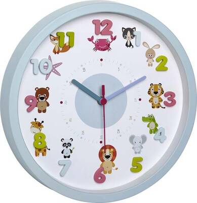 60.3051.14 TFA LITTLE ANIMALS Detské nástenné hodiny, 3D číslice, svetlomodré s motívom zvierat 