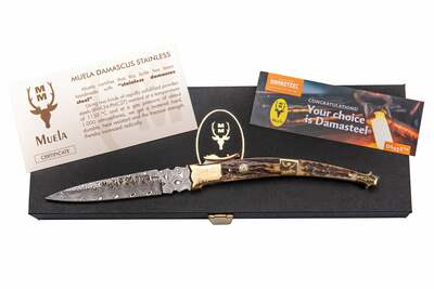 MB-9A.DAM Muela 90mm Stainless steel Damascus blade, stag scales and brass bolsters