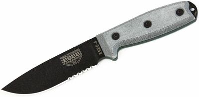 ESEE-4S fogazott univerzális kés 11,4 cm, fekete, szürke, Micarta, klipszes barna műanyag tok