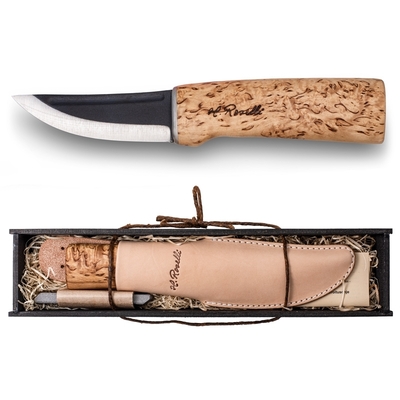 ROSELLI R100P Hunting Knife Carbon lovecký nůž 10 cm, dřevo břízy, kožené pouzdro, brusný kámen, box