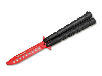 Rui 01RU017 K25 Training Balisong tréninkový zavírací nůž 10 cm, červeno-černá, nylonové pouzdro