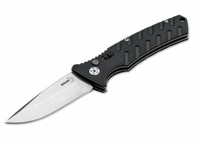 Böker Plus 01BO400 Strike DropPoint Black automatický nůž 8,5 cm, černá, Stonewash, ocel, hliník