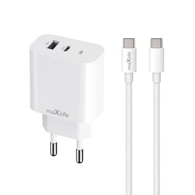 OEM0101315 Maxlife MXTC-06-30AC PD QC töltő 1x USB-C 1x USB 30W fehér + USB-C - USB-C kábel 60W