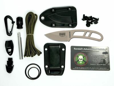 ESEE CAN-DT-KIT-E DesertTan Candiru kis nyakú kés 5 cm, homokbarna, tok, túlélőkészlet