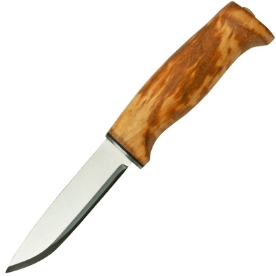 Helle HE-201004 Fjellkniven 12C27 kültéri kés 9,8 cm, göndör nyírfa, bőr tok