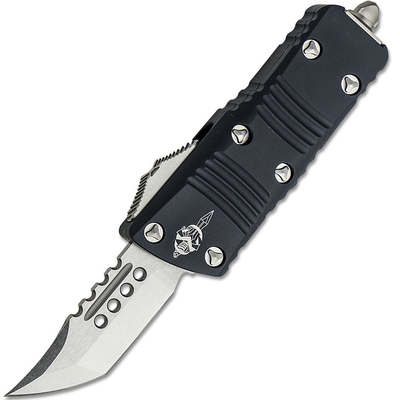 Microtech 819-10S Mini Troodon Hellhound Stonewash Standard automata kés 5 cm, fekete, alumínium