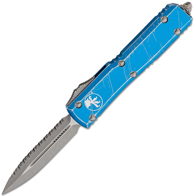 Microtech 122-12DBL Ultratech Distressed fogazott Stonewash automata kés 8,8 cm, kék, alumínium