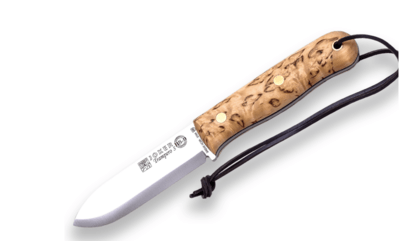JOKER CL124-P Trampero vnější nůž 10 cm, dřevo kadeřavé břízy, kožené pouzdro, křesadlo