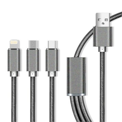 Maxlife Nylonový kábel 3v1 Micro USB / Type-C / for iPhone 8-PIN Fast Charge 2.1A, sivý