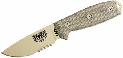 ESEE-3S-MB-DT Serrated univerzálny nôž 9,8 cm, piesková hnedá, pripínacie plastové puzdro zelená