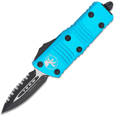 Microtech 238-3TQ MINI TROODON Black Serrated Turquoise automatický nôž 5 cm, čierna, tyrkys, hliník