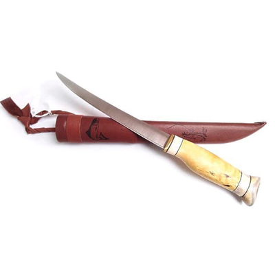 WOOD JEWEL WJ23FP filetovací nůž 16 cm, dřevo kadeřavé břízy, paroh, kožené pouzdro