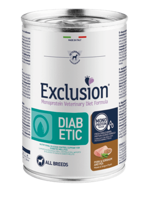 EXCLUSION CDIP03 DIABETIC konzerva pre dospelé diabetické psy - bravčové/hrach 300g