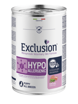 EXCLUSION PA37 PUPPY hypoalergenní konzerva pro štěňata 400g, vepřové/hrášek
