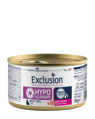 EXCLUSION CPM85 CAT HYPOALLERGENIC konzerva pro kočky - vepřové/brambory, 85g