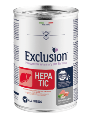 EXCLUSION HE37 HEPATIC ALL BREEDS konzerva 400g, vepřové/rýže/hrách
